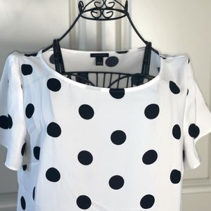 Ann Taylor White with Black Polka Dots Round Neck Drop Waist Tie Top